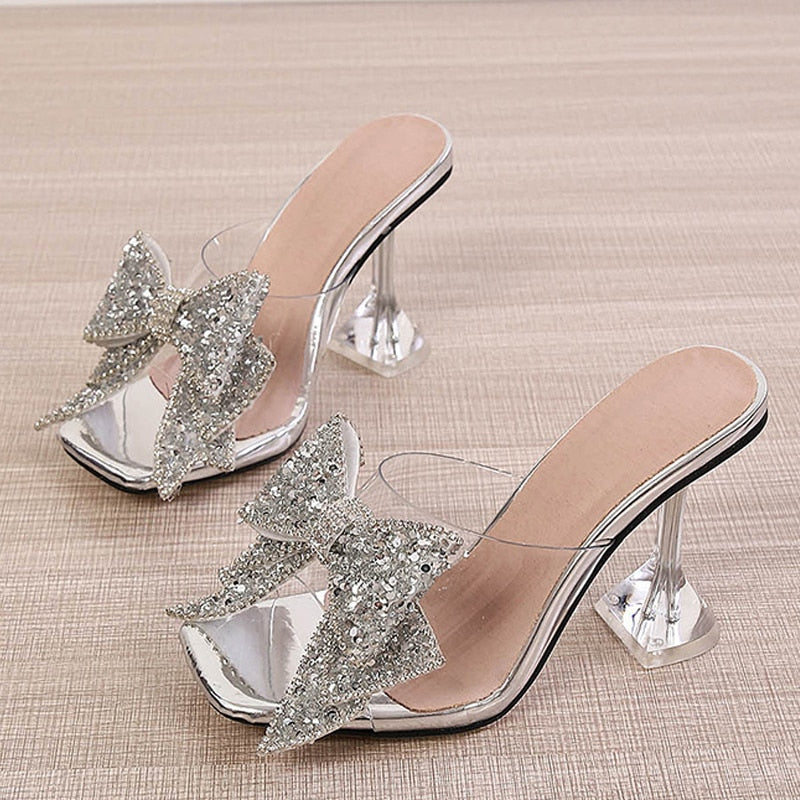 New Transparent Slippers For Women Fashion Silver Crystal Bowknot High Heels Female Mules Slides Summer Sandals Shoes