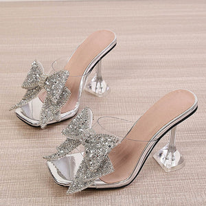 New Transparent Slippers For Women Fashion Silver Crystal Bowknot High Heels Female Mules Slides Summer Sandals Shoes
