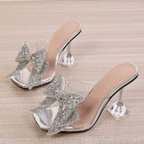 New Transparent Slippers For Women Fashion Silver Crystal Bowknot High Heels Female Mules Slides Summer Sandals Shoes