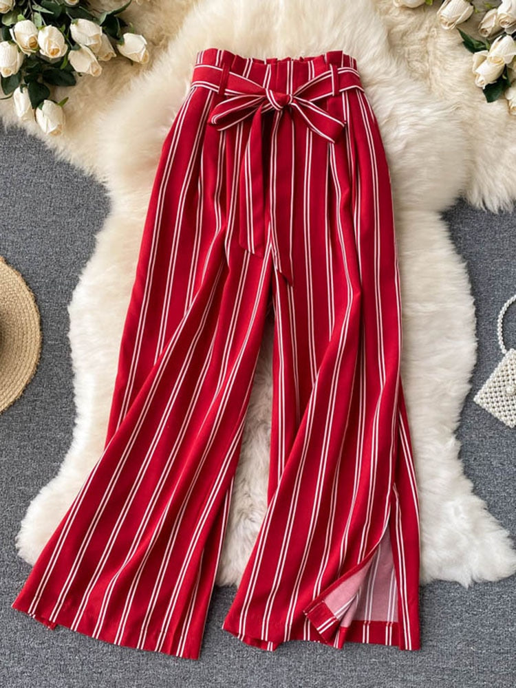 goosudu Summer New Fashion All-match Women's Casual Pants Retro Striped Color Slim Long Slit Wide Leg Pants DK1053