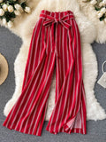 goosudu Summer New Fashion All-match Women's Casual Pants Retro Striped Color Slim Long Slit Wide Leg Pants DK1053