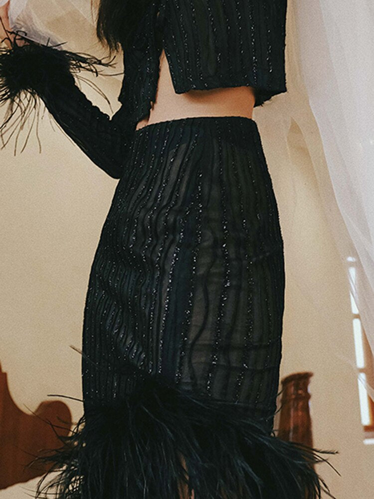 Feathers Hem Skirt For Women High Waist Asymmetrical Solid Sexy Midi Skirts Female Clothing Summer Fashion New