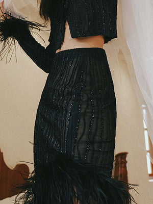 Feathers Hem Skirt For Women High Waist Asymmetrical Solid Sexy Midi Skirts Female Clothing Summer Fashion New