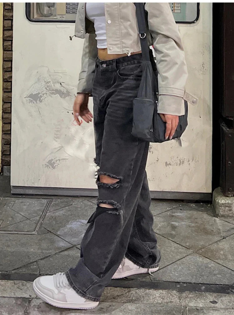 Women Hole Jeans Pants 90s Vintage Baggy Straight Denim Trousers Y2k Clothing High Waist Looes Casual Long Pants Streetwear New