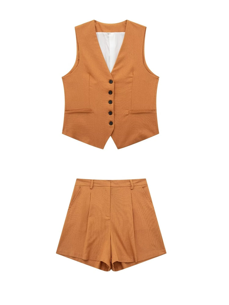 Linen V-neck Vest High Waist Shorts Sets Single Breasted Sleeveless Blazer Shorts 2 Pcs Set Women Fashion Commuter Suits