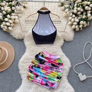 goosudu Fashion Trend Hotsweet Print Suits Women Halter Sleeveless Top+ Ruched Bodycon Mini Skirt Streetwea Two Pieces Sets