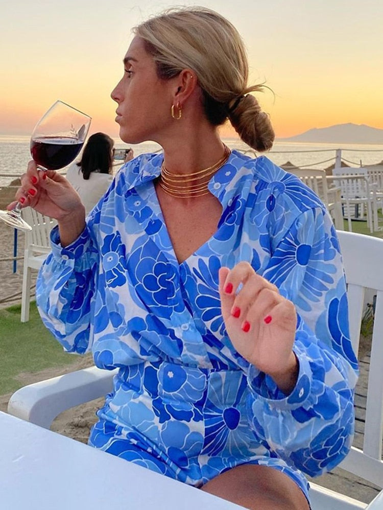 goosudu Flower Print Blue Short Sets Women Matching Set Blue Summer Spring Two Pieces Sets Suits Oversized Top Shorts