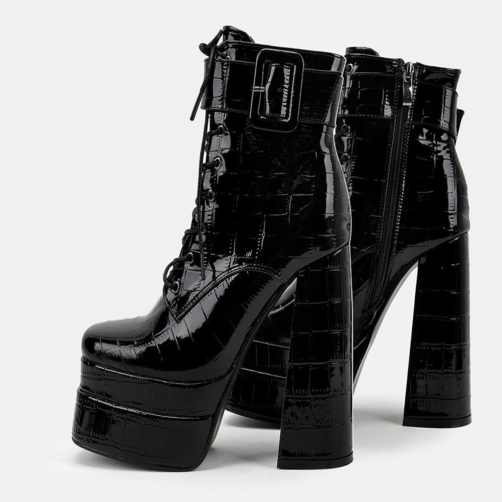 goosudu  Platform Ankle Boots For Women Lace Up Brand New Chunky Heel Fashion Sexy High Quality Shoes Buckle Autumn Popular New