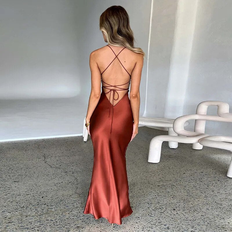Satin Backless Maxi Dress For Women Autumn New Spaghetti Strap Sleeveless Bodycon Long Dress Vestido Clubwear