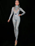 goosudu Flashing Silver Rhinestones Spandex Women Jumpsuit Birthday Celebrate Bar Outfit Singer Dance Wear Leggings Stage Queen Costume