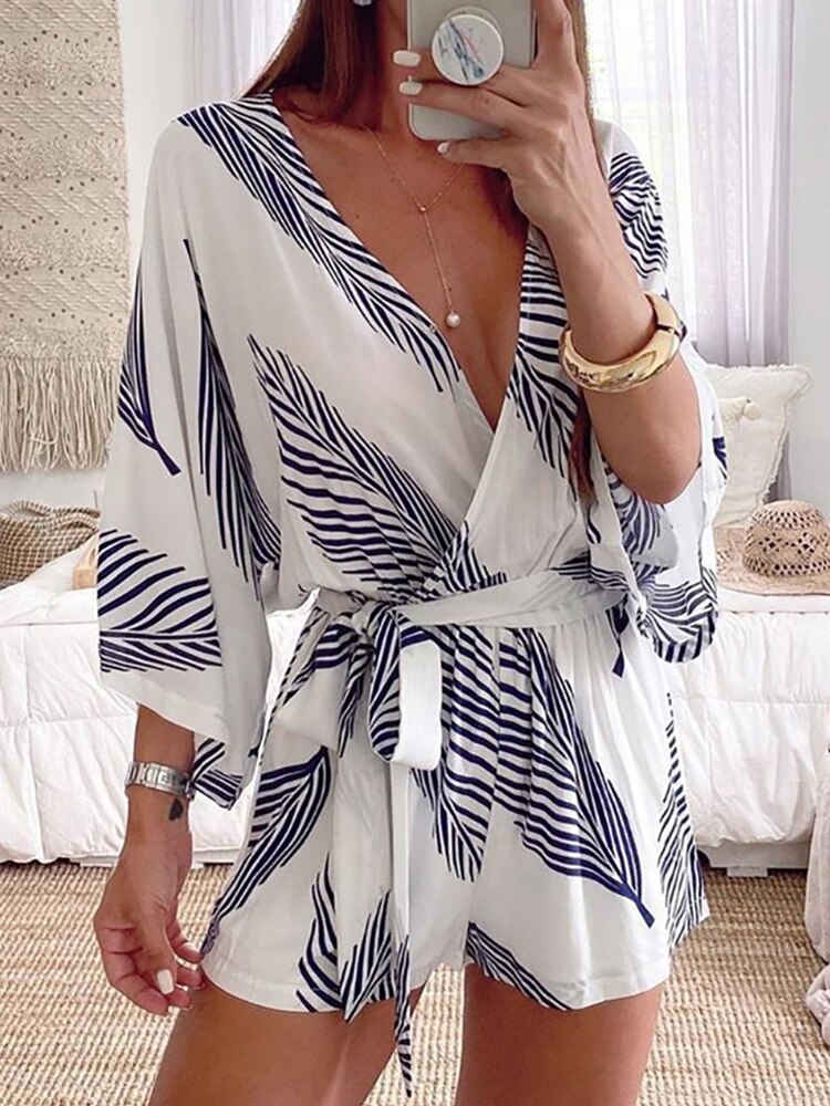 Leaf Print White Batwing Sleeve Rompers Overalls Summer Autumn Sash Wide Leg Beach Boho Playsuit  Romper