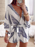 Leaf Print White Batwing Sleeve Rompers Overalls Summer Autumn Sash Wide Leg Beach Boho Playsuit  Romper