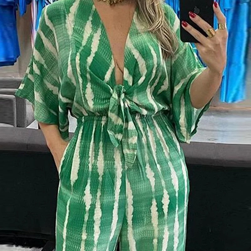 Summer Striped Print Waisted Romper Women Fashion V-neck Half Sleeve Jumpsuit Ladies Casual Wide Leg Pant Playsuit Overalls
