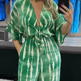 Summer Striped Print Waisted Romper Women Fashion V-neck Half Sleeve Jumpsuit Ladies Casual Wide Leg Pant Playsuit Overalls
