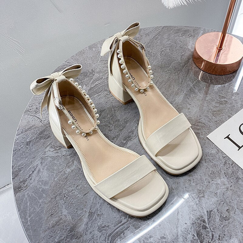 woloong Brand Ladies Sandal Spring New Fairy Pearl Sandals Sweet Square Heel with Mesh Crystal Temperament High Heels Tenis Masculino