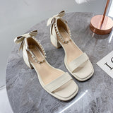 woloong Brand Ladies Sandal Spring New Fairy Pearl Sandals Sweet Square Heel with Mesh Crystal Temperament High Heels Tenis Masculino