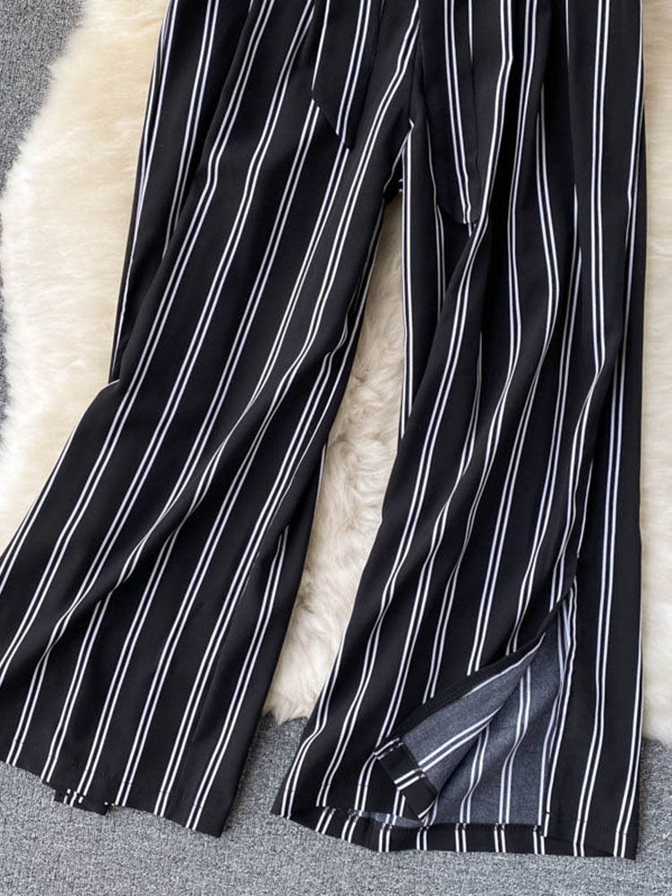 goosudu Summer New Fashion All-match Women's Casual Pants Retro Striped Color Slim Long Slit Wide Leg Pants DK1053