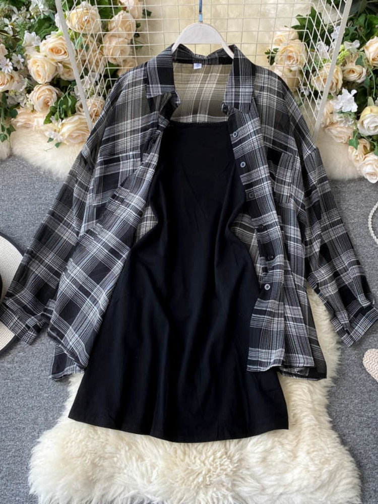 New Summer Autumn Casual Two Piece Set Long Sleeve Plaid Grey Overcoats Spaghetti Strap Slim Black Solid Dress