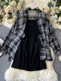 New Summer Autumn Casual Two Piece Set Long Sleeve Plaid Grey Overcoats Spaghetti Strap Slim Black Solid Dress