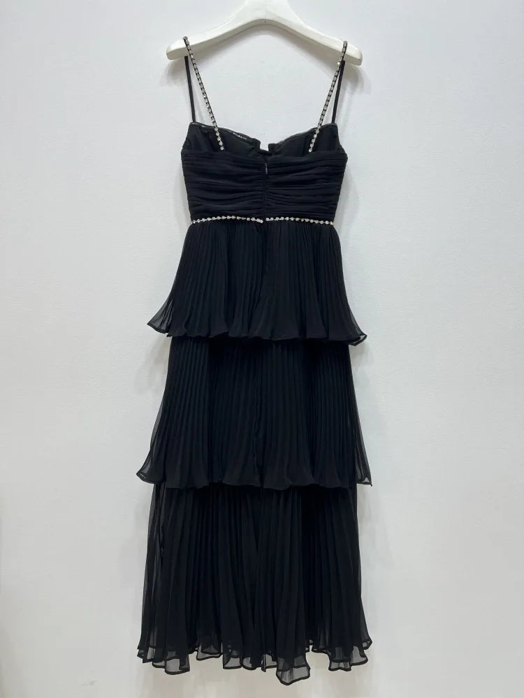 Top Quality Women Dress Early Autumn New  Light Luxury Black Blut Chiffon Pleated Cake Suspender Midi Dress