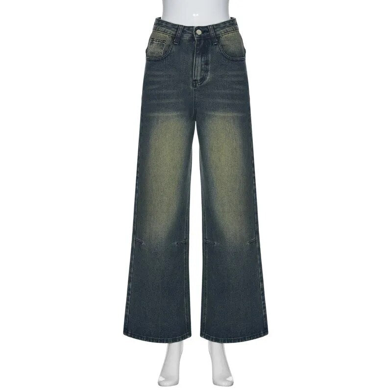 Vintage Wide Leg For Women Jeans Fashion New Jean Streetwear Zipper Pocket High Street Female Y2k Denim Trousers