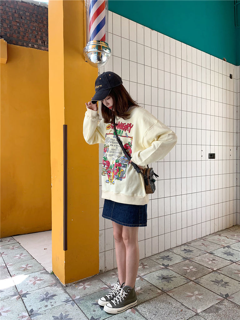 woloong Kawaii Rose Red Cartoon Letter Print Sweatshirt Vintage Streetwear Fashion Tops New O-neck Casual Teens Clothes Goth Punk