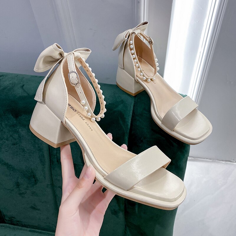 woloong Brand Ladies Sandal Spring New Fairy Pearl Sandals Sweet Square Heel with Mesh Crystal Temperament High Heels Tenis Masculino
