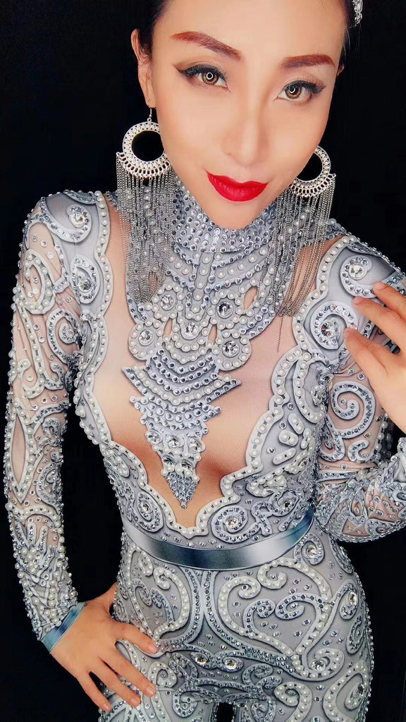 goosudu Flashing Silver Rhinestones Spandex Women Jumpsuit Birthday Celebrate Bar Outfit Singer Dance Wear Leggings Stage Queen Costume