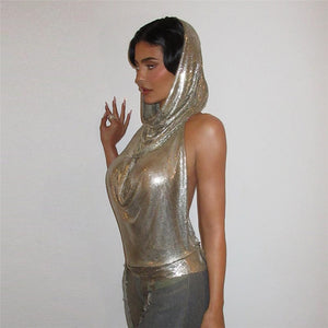 Women Midnight Stunning Hollow Out Hoodies Tank Top Backless Sexy Pile Collar Mini Vest  T Shirts Glitter Summer Tee New