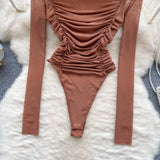 goosudu Autumn Mesh Basic Top Women Turtleneck Long Sleeve Ruched Open Crotch Slim Playsuits Fashion Sheer Sexy Bodysuits