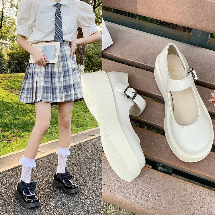 woloong  New Spring and Summer Women Mary Jane Shoes Sponge Cake Bottom Japanese Bowtie Student All-match Sweet Design Pumps