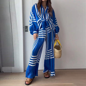 Chiffon Stripe Print Pants Set Loose Women Pajamas Lace Up Long Sleeve Shirt 2 Pieces Set Sleepwear Female Wide Leg Pants Suit