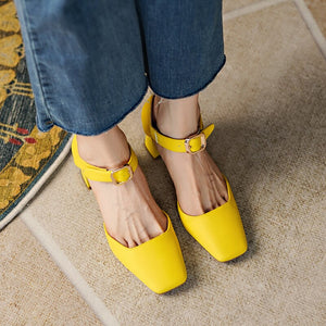 Summer New Women Shoes Square Toe High Heels Cover Heel Shoes Women Genuine Leather Women Sandals Concise Retro Mary Janes