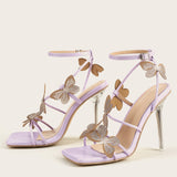 Summer New Women's Sandals Sexy Square Head Butterfly Word With Crystal Heel High Heel Sandals Nightclub Party Shoes