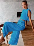Women's Linen Style Casual Slim Fit Suit Sleeveless Lace Up Tops With Comfortable Wide Leg Pants Summer Beach Vacation Sets