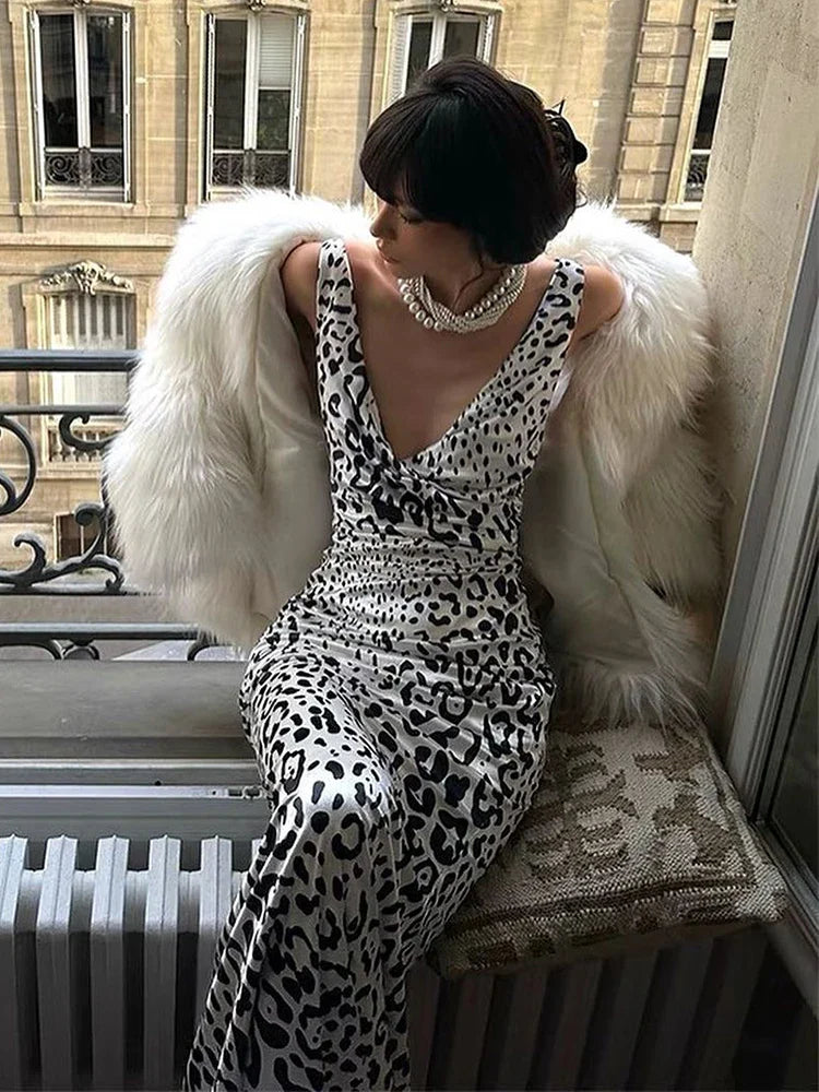Elegant Deep V Neck Backless Slim Evening Long Dress Women Sexy Leopard Print Slip Maxi Dress Party Clubwear new