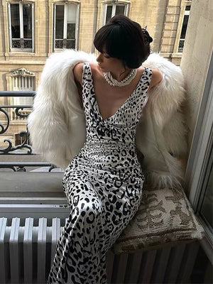 Elegant Deep V Neck Backless Slim Evening Long Dress Women Sexy Leopard Print Slip Maxi Dress Party Clubwear new
