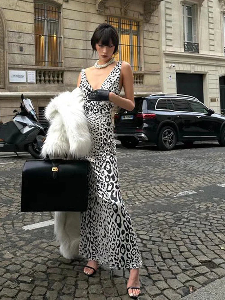 Elegant Deep V Neck Backless Slim Evening Long Dress Women Sexy Leopard Print Slip Maxi Dress Party Clubwear new