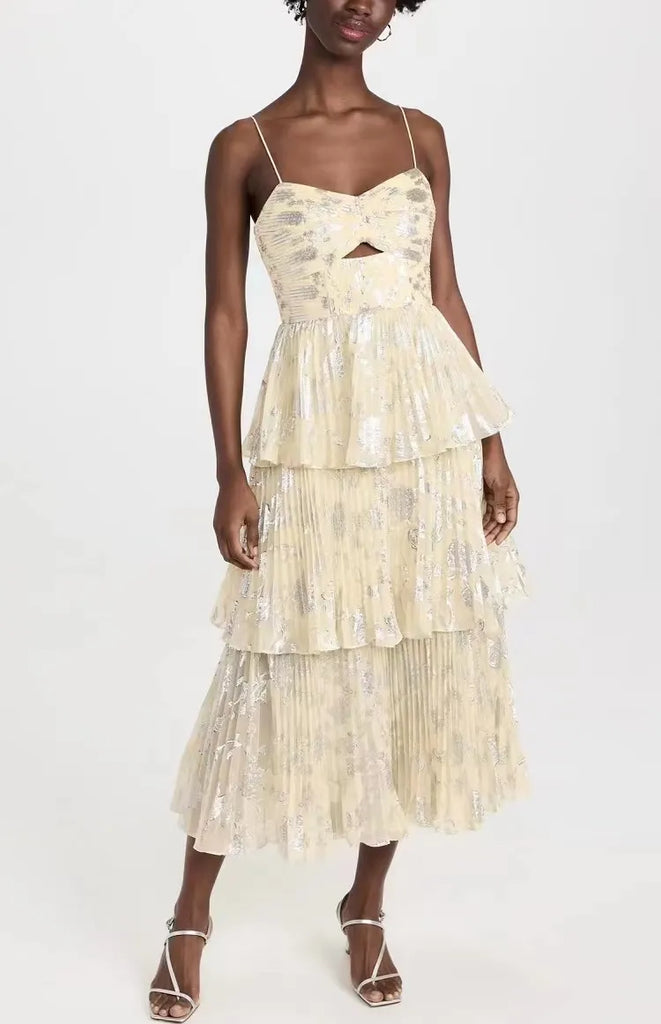 Spring / Autumn New Women Clothing Sexy Charming Yellow Chiffon Bronzing Pleated Cake Long Suspender Dress for Party