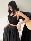 Sexy Two Piece Set Skirt Women French Style V-neck Slim Fit Short Camisole Tank Top High Waist Large Swing Ruched Skirt Suit