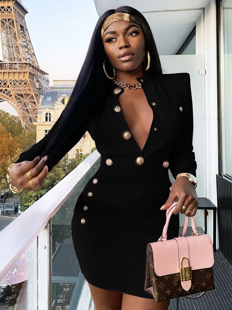 Elegant Evening Club Party Dress New Winter Style Sexy Long Sleeve Key Hole Button Pink Mini Women Bodycon Bandage Dress