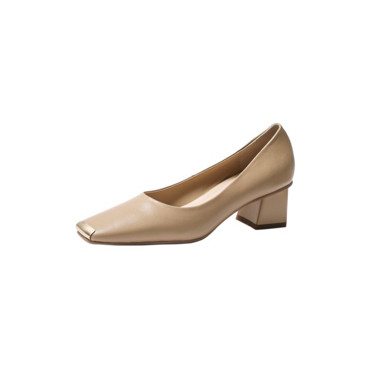 Spring New Women's Pumps Genuine Leather Square Toe Chunky Heel Fashion All-match Casual Women's Shoes Green/Apricot