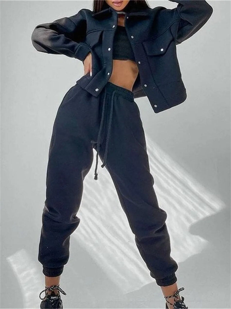 Women's WarmTwo Piece Sets Oversized Sportwear Collar Jacket And Drawstring Trouser Autumn Winter Suits For Women