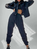 Women's WarmTwo Piece Sets Oversized Sportwear Collar Jacket And Drawstring Trouser Autumn Winter Suits For Women