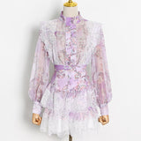 woloong  Sweet Patchwork Lace Set For Women Stand Collar Long Sleeve Shirt High Waist Skirt Print Sets Female Fashion New