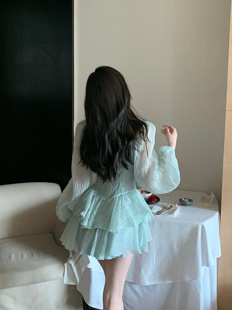 Retro Cupcake Dress Square Neck Puff Sleeve Dress Women Chic Patchwork Spring New High Waist Long Sleeve Short Dress Summer