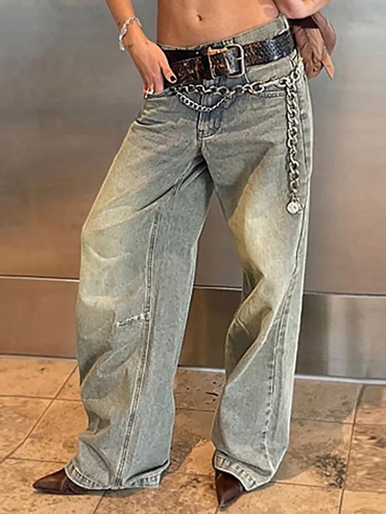 Vintage Wide Leg For Women Jeans Fashion New Jean Streetwear Zipper Pocket High Street Female Y2k Denim Trousers