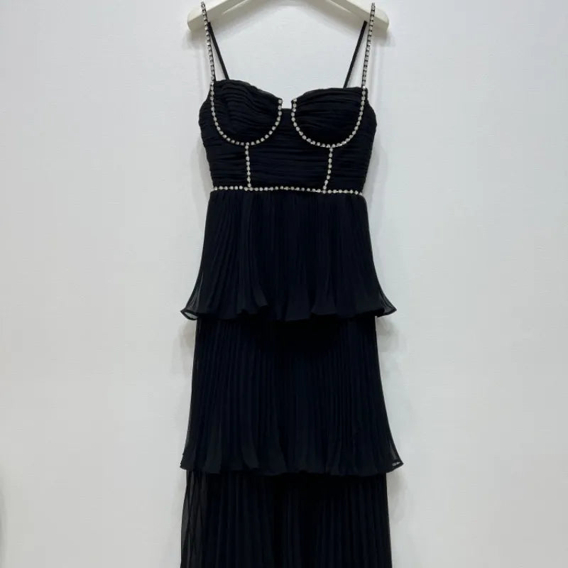 Top Quality Women Dress Early Autumn New  Light Luxury Black Blut Chiffon Pleated Cake Suspender Midi Dress