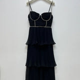Top Quality Women Dress Early Autumn New  Light Luxury Black Blut Chiffon Pleated Cake Suspender Midi Dress