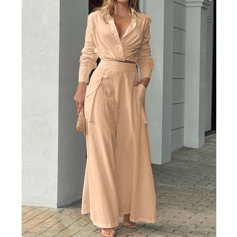 Shirt Long Pants Suits 2 Piece Set Women Long Sleeve Shirt Wide Leg Pants Casual White Spring Summer Outfits  New